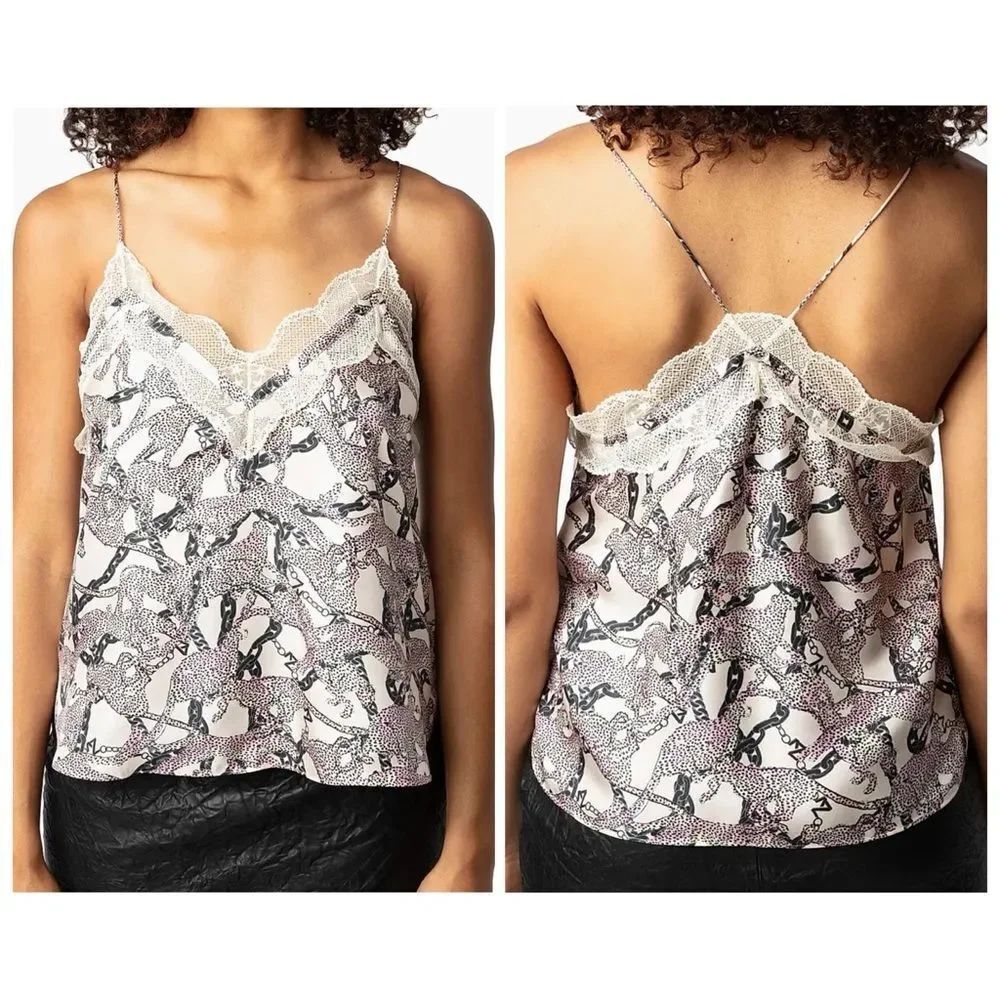 Zadig & Voltaire Christo Abstract Silk Lace-Trim Camisole Pink Purple Cream Med